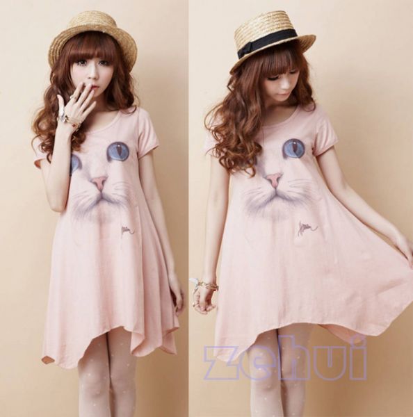 Loose Leisure Short Sleeve Irregular Hem Cat Print Design