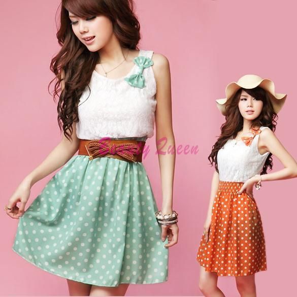 Sweet Lovely Mini Dress Orange/Green Chiffon + Lace Top