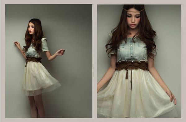 Denim Dress Retro Girl Blue Top White With belt