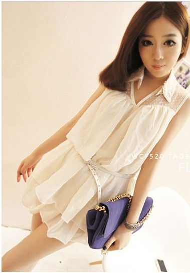 Mini Dress Fashion Lace Shirt With Pearl Belt