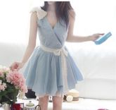 V-neck waist lace dress+bow