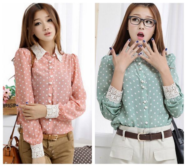 Vintage Polka Dot Doll Collar Chiffon Shirt