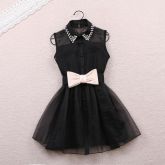 Pearl Collar Elegant dress with bow waistband