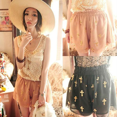 Casual fashion Shiny Latin Cross sequin Chiffon Skirt Culot