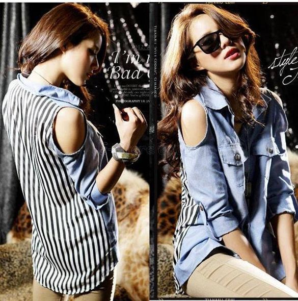 Off Shoulder Stitching Button Down Blouse Denim Stripes